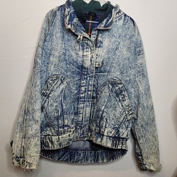 Vintage Denim Jacket Miss Gallery Bomber Style Flannel Lined Stone Acid Wash Lrg - Picture 1 of 16
